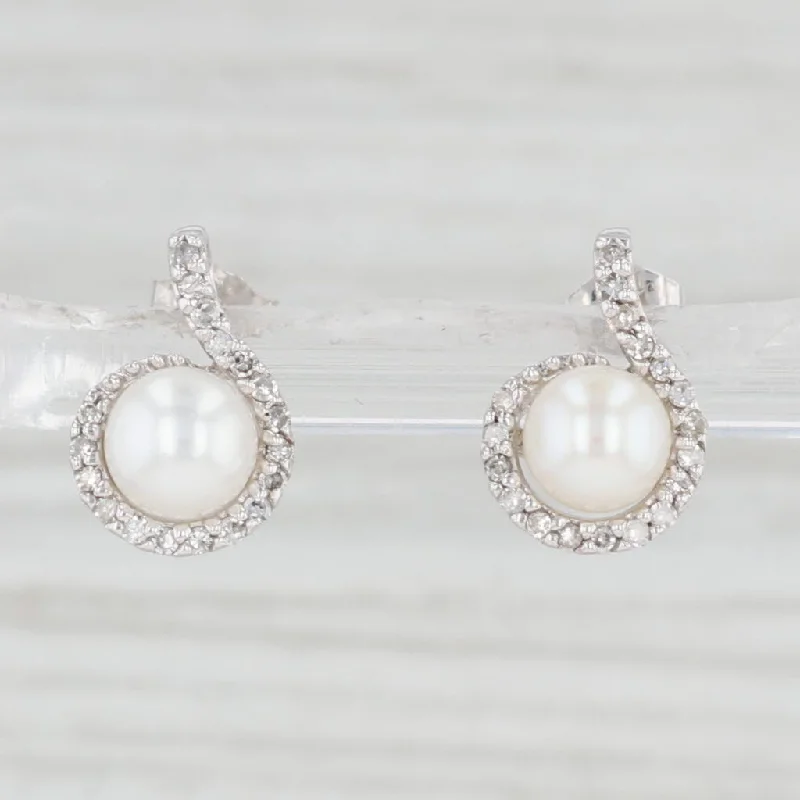 Simple Silver Hoop Earrings-Cultured Pearl Diamond Halo Stud Earrings 10k White Gold Pierced Studs