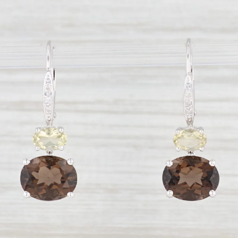 Pearl Dangle Earrings for Bridesmaids-5.72ctw Smoky Quartz Citrine Diamond Drop Earrings 14k White Gold Lever Back