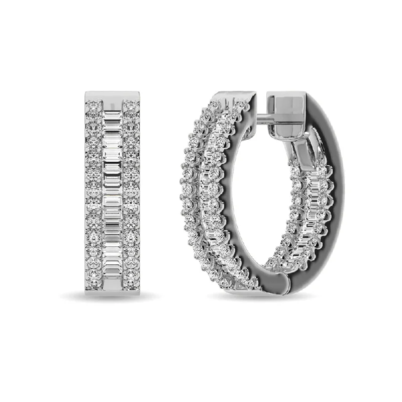 Chunky Gold Earrings-Diamond 1 Ct.Tw. Round and Baguette Hoop Earrings in 14K White Gold