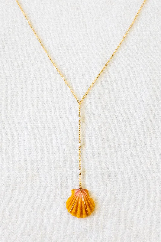 Stylish Silver Necklace with Gemstones-Sunrise Shell & Mini Pearl Lariat Necklace