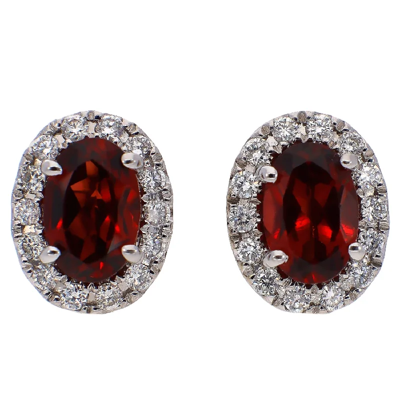 Geometric Drop Earrings-14K White Gold Oval Garnet with Diamond Halo Stud Earrings