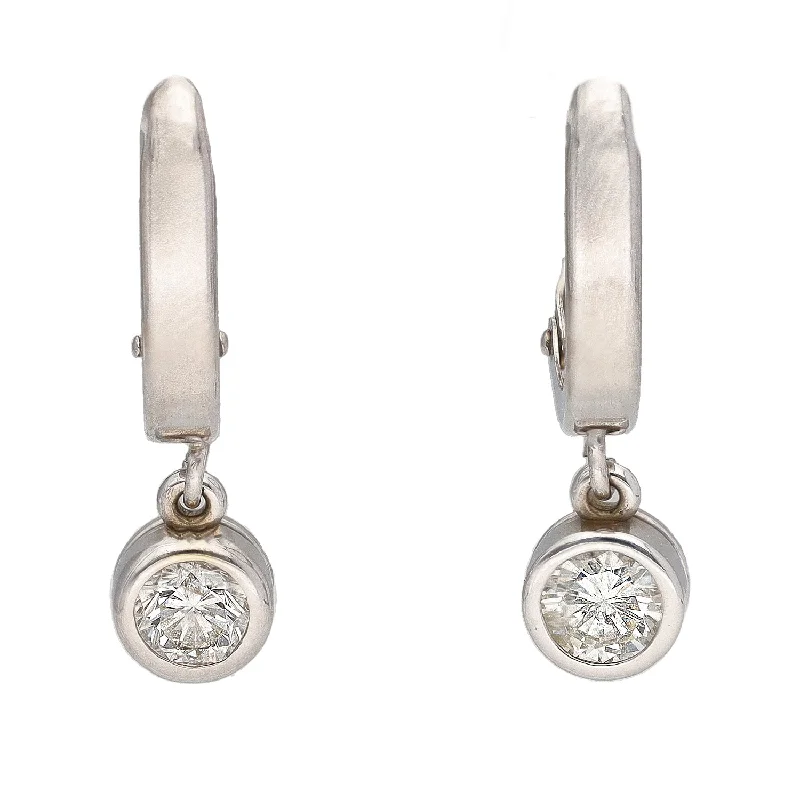 Chunky Gold Earrings-14K White Gold Bezel Set Round Diamond Drop Earrings