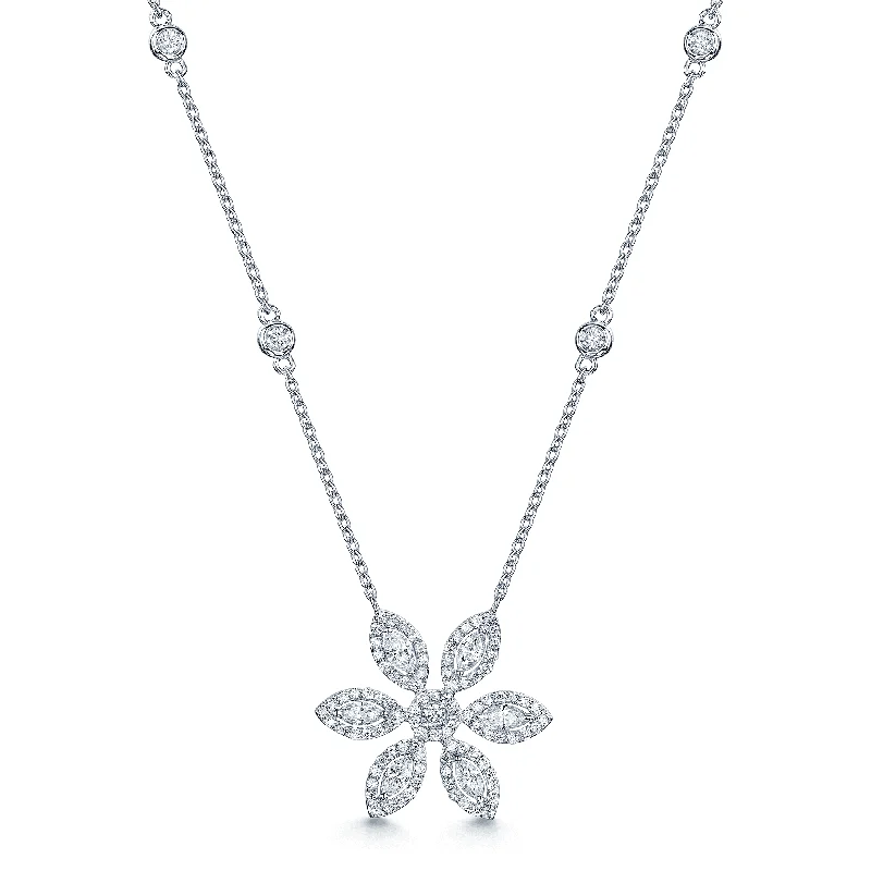 Layered Necklace with Gold Chains for Women-18ct White Gold Marquise And Round Brilliant Cut Six Petal Flower Pendant