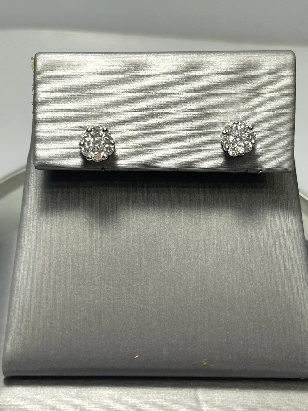 Dangle Earrings for Brides-14 Karat White Gold - Diamond Cluster Floral Motif Stud Earrings