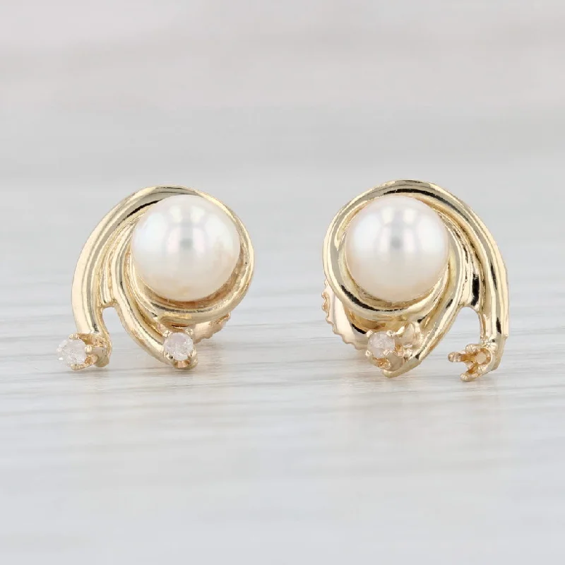 Simple Gold Earrings for Bridesmaids-Cultured Pearl Diamond Swirl Stud Earrings 14k Yellow Gold