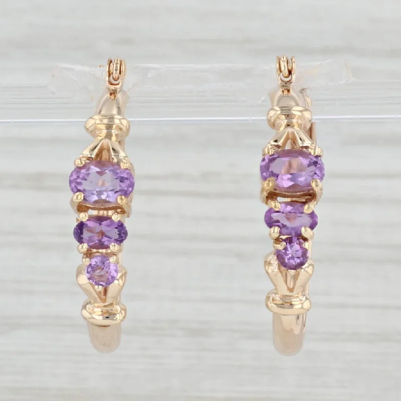 Crystal Earrings for Special Events-1.50ctw 3-Stone Amethyst Hoop Earrings 10k Yellow Gold Snap Top Posts