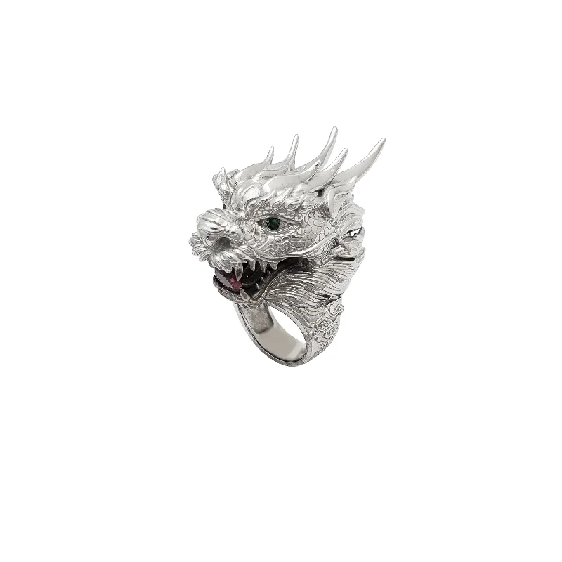 Custom Wedding Band with Engraved Initials-Eastern Dragon Head CZ Ring (Silver)