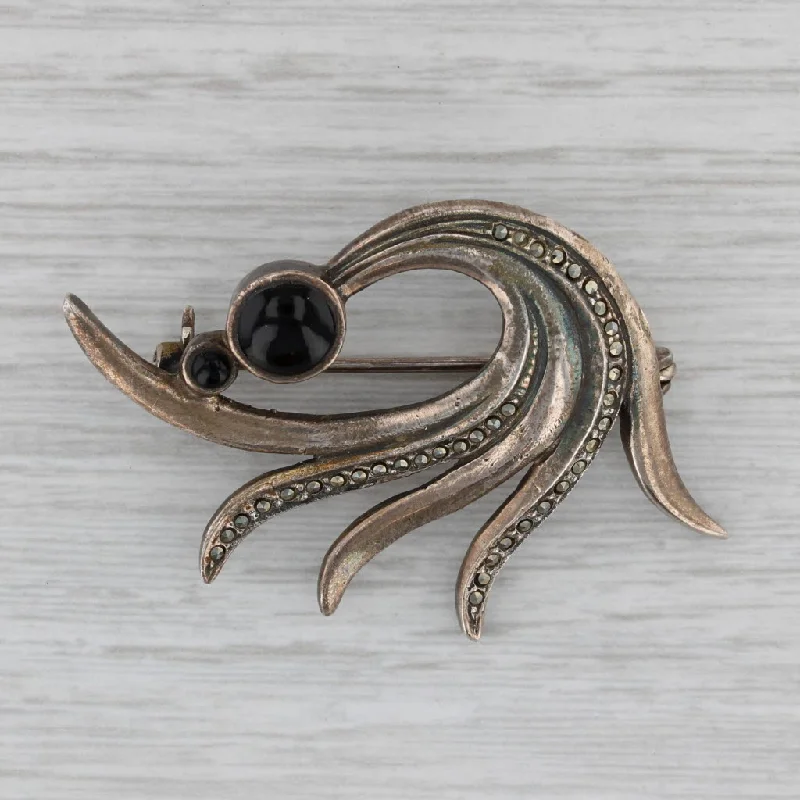 Designer Brooch For Bridal Jewelry-Vintage Onyx Marcasite Bow Brooch Sterling Silver Pin Abstract Statement