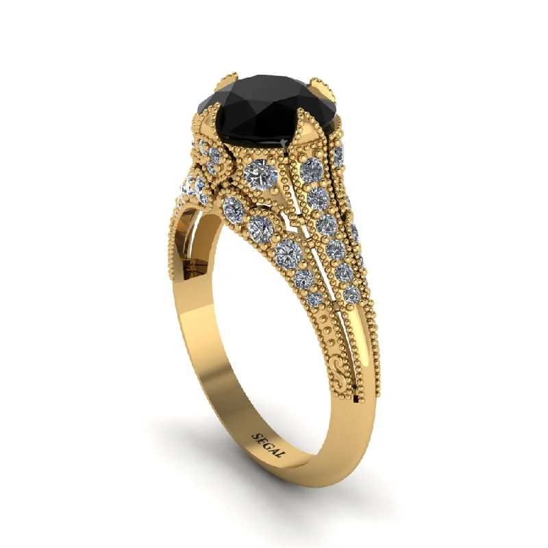 Simple Gold Ring with Sapphire Gemstone-Black Diamond Vintage Crown Engagement Ring - Talia No. 7