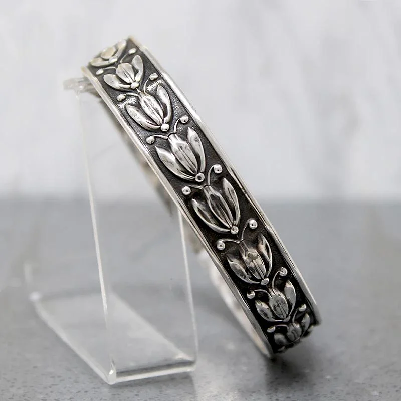 Elegant Diamond Bangles for Evening Wear-Bohemian Blossom Sterling Bangle Bracelet