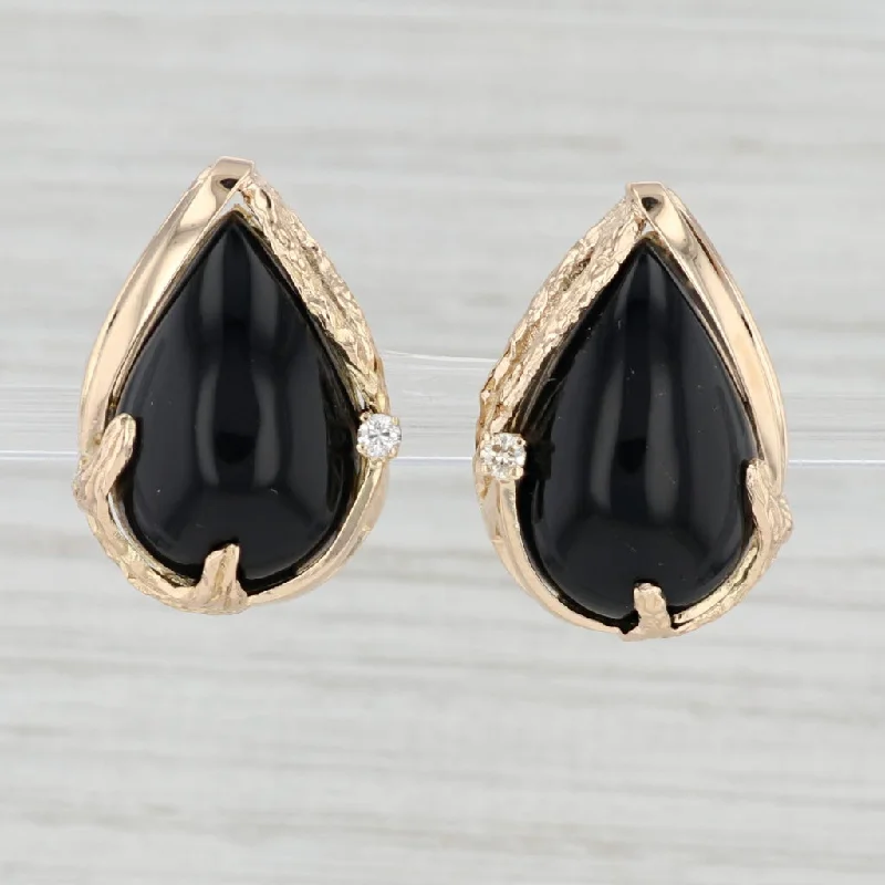 Elegant Chandelier Earrings for Weddings-Black Glass Teardrop Earrings 14k Yellow Gold Pierced Omega Backs