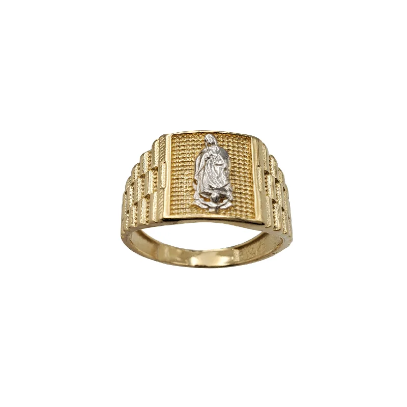 Custom Engagement Ring with Princess Cut Sapphire-Two-Tone Virgin Mary Emblem Ring (14K)