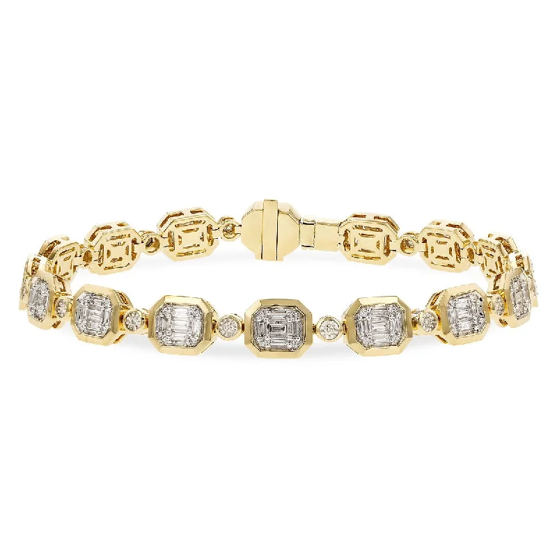 Personalized Silver Bracelet with Inspirational Charms-Baguette and Round Diamond Mosaic Bracelet in Yellow Gold