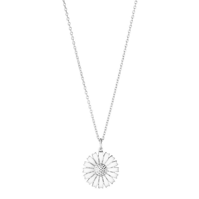 Statement Gold Necklace for Fashion Week-Daisy Silver White Enamel Pendant