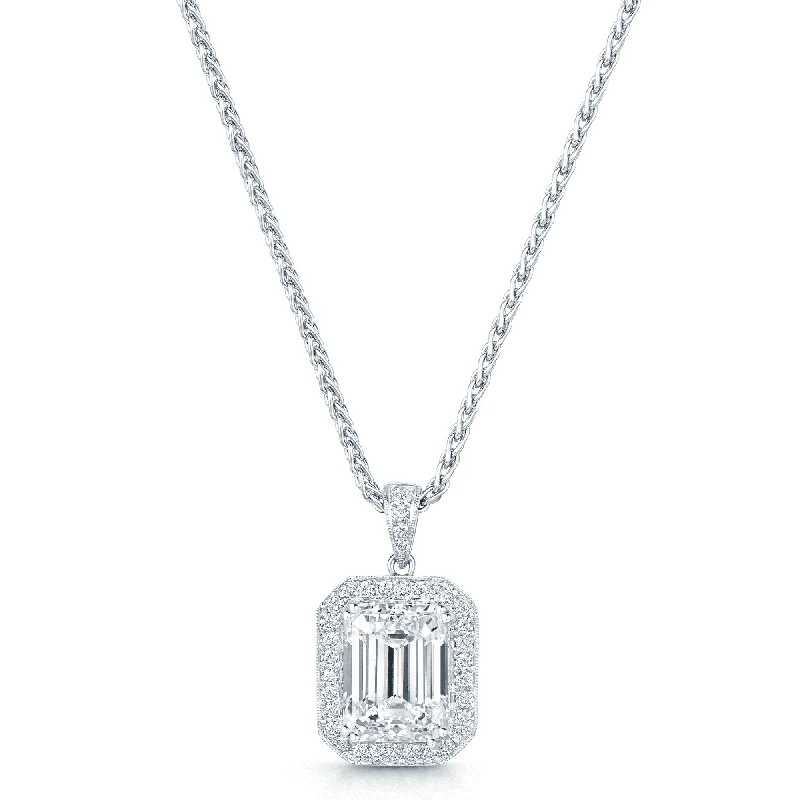 Custom Gold Pendant Necklace for Men-18ct White Gold GIA Certificated Emerald Cut Diamond Pendant With a Grain Set Diamond Halo Frame And A Diamond Bale