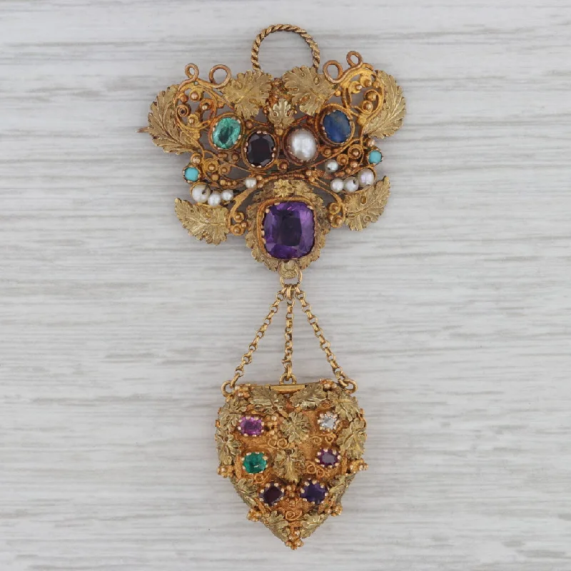 Vintage Brooch With Gems-Antique Floral Gemstone Heart Locket Brooch 17k-21k Gold Amethyst Pearl Pin