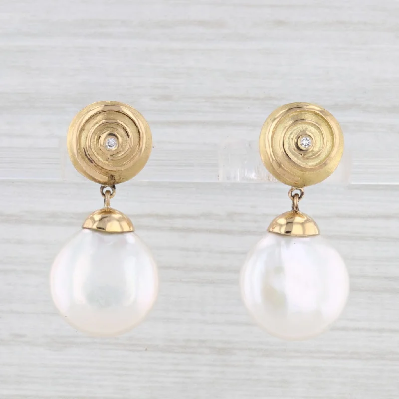 Polished Gemstone Earrings-Yvel Cultured Pearl Coin Diamond Dangle Earrings 18k Yellow Gold Pierced Drops