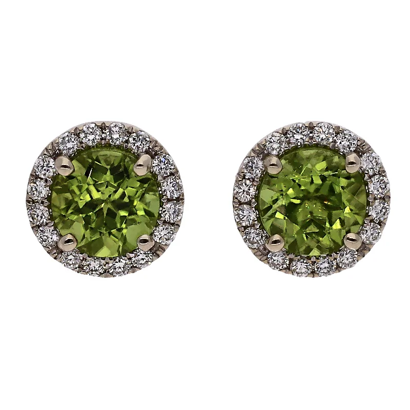 Crystal Earrings for Casual Wear-14K White Gold Round Peridot Stud Earrings with Diamond Halo