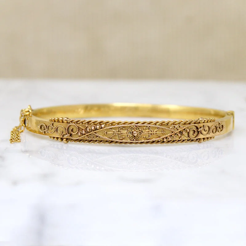 Simple Silver Bangles with Dazzling Crystals-Exceptional Edwardian Etruscan Revival 15ct Gold Bangle