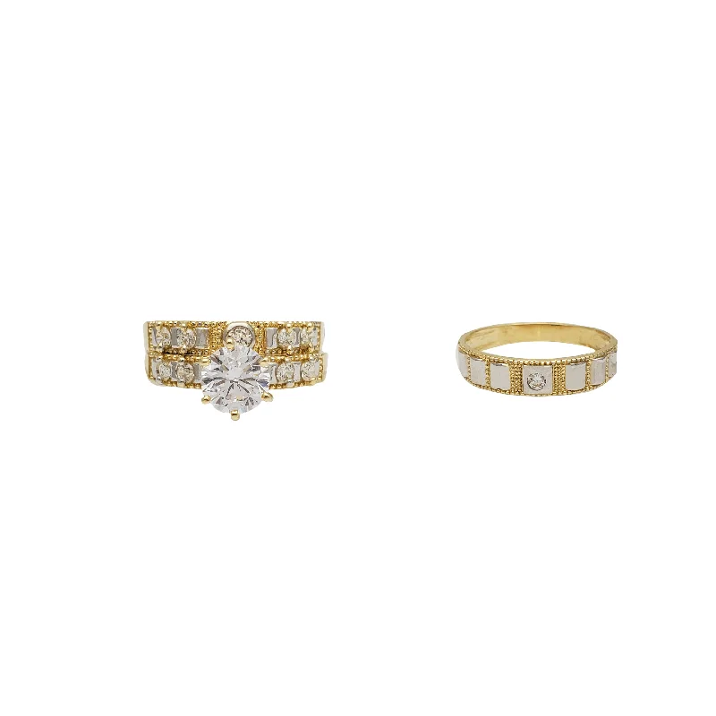 Simple Gold Band with Diamond for Engagement-Two-Tone Three-Piece Set Engagement Rings (14K)