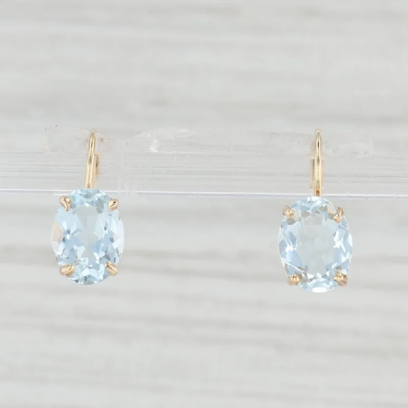 Custom Crystal Earrings for Weddings-3ctw Oval Solitaire Aquamarine Earrings 14k Yellow Gold Leverback Drops