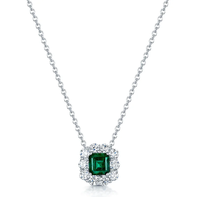 Colorful Gemstone Necklace for Daily Wear-18ct White Gold Emerald Cut Emerald & Diamond Cluster Pendant