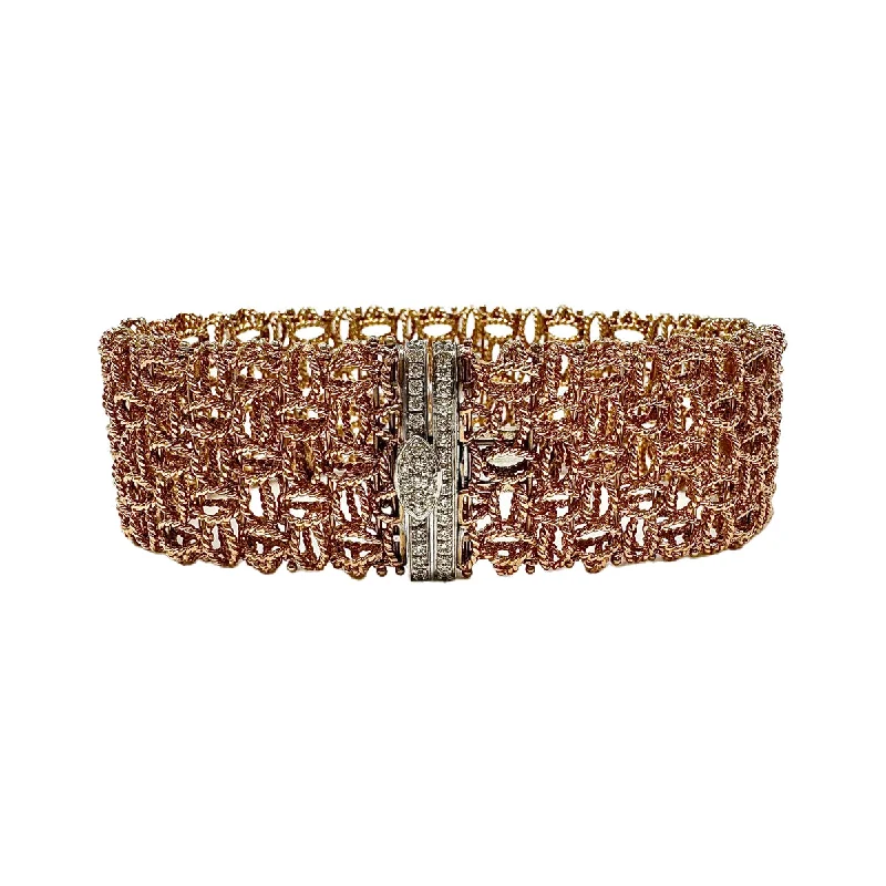 Trendy Gold Bracelet with Gemstone Charms-Roberto Coin 18K Rose Gold Mesh Bracelet with 27 Full Cut Diamonds