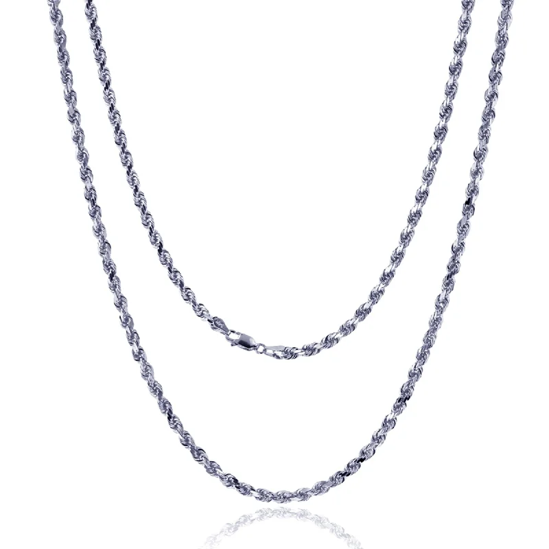 Modern Silver Necklace with Crystal Pendant-[Solid] White Gold Rope Chain (14K)