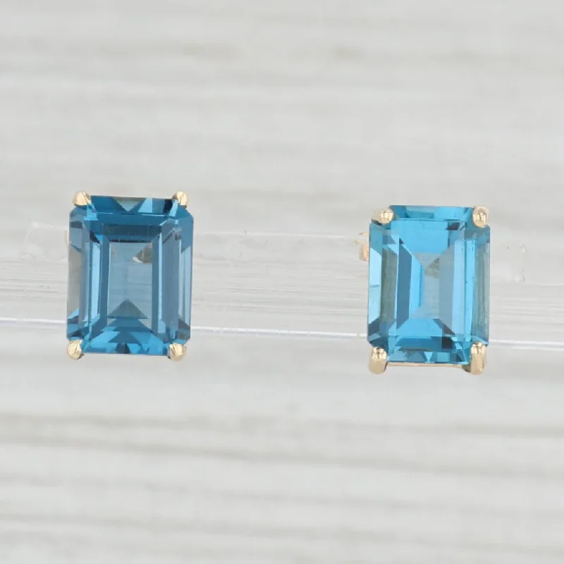 Handmade Dangle Earrings for Bridesmaids-6ctw London Blue Topaz Solitaire Stud Earrings 14k Yellow Gold Emerald Cut Studs