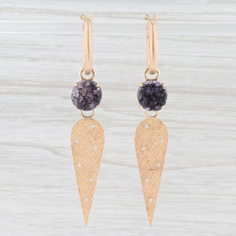 Crystal Earrings for Special Events-New Nina Nguyen Hoop Earrings 18k Gold Druzy Amethyst Diamond Charms