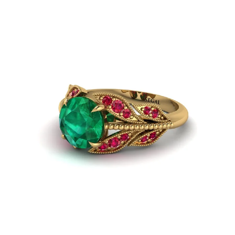 Simple Band Ring with Custom Name Engraving-Emerald Majestic Leaf Gold Engagement Ring - Makenna No. 49