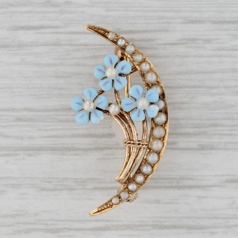 Pearl Brooch For Evening-Vintage Floral Crescent Brooch 14k Yellow Gold Enamel Pin