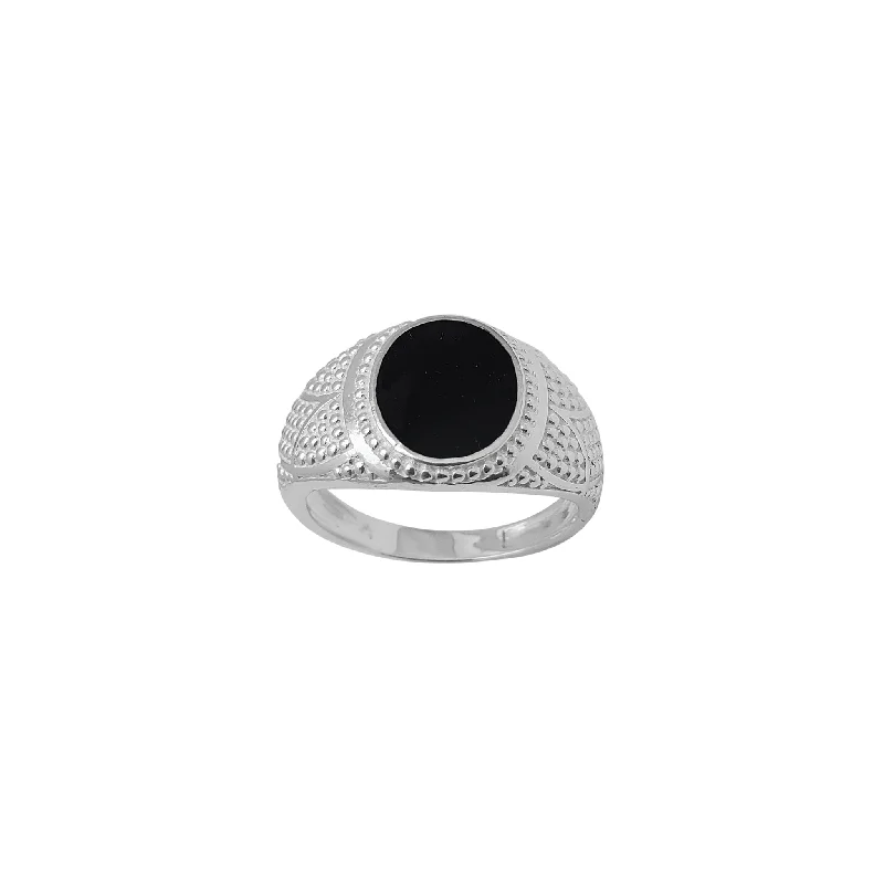 Elegant Diamond Ring for Proposal-Milgrain Patterns Black Onyx Ring (Silver)