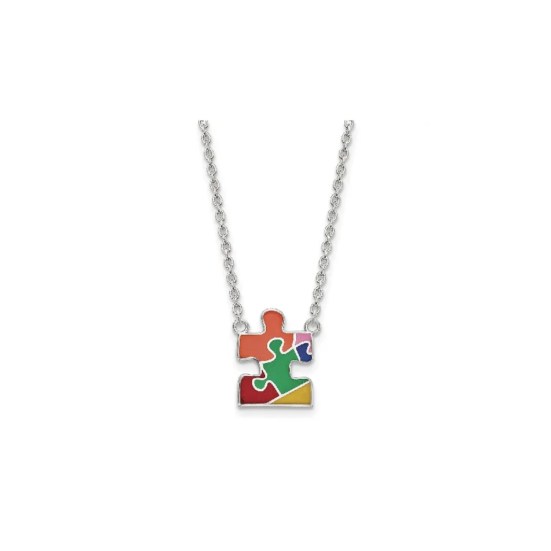 Layered Gold Necklace with Personalized Charms-Enameled Autism Puzzle Piece Necklace (Silver)