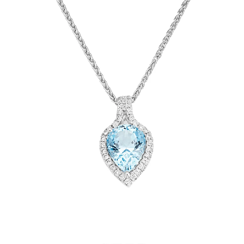 Custom Birthstone Pendant Necklace for Women-18ct White Gold Pear Shaped Aquamarine & Diamond Pendant