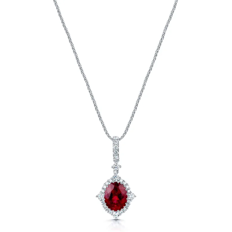 Customizable Sterling Silver Necklace for Weddings-18ct White Gold Oval Rubelite And Diamond Vintage Cluster Pendant