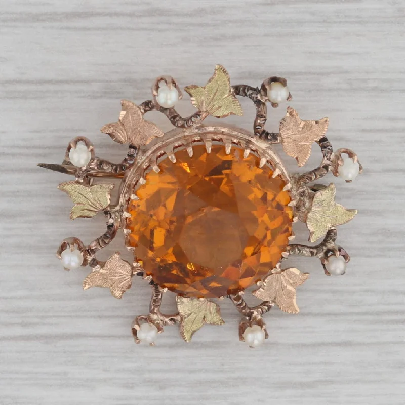 Classic Brooch With Gemstones-Antique Orange Glass Seed Pearls Wreath Brooch 10k Yellow Rose Green Gold