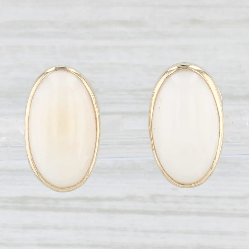 Classic Pearl Earrings for Weddings-White Coral Oval Cabochon Drop Earrings 14k Yellow Gold Pierced Omega Backs