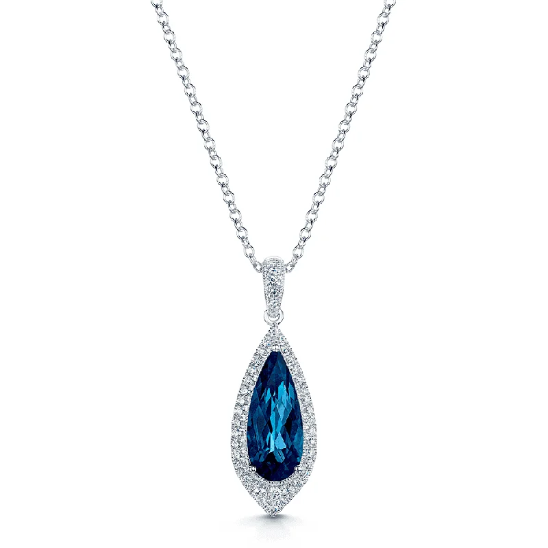 Classic Gold Necklace for Formal Wear-18ct White Gold Pear Shaped London Blue Topaz Pendant With Pave Diamond Surround And Bale