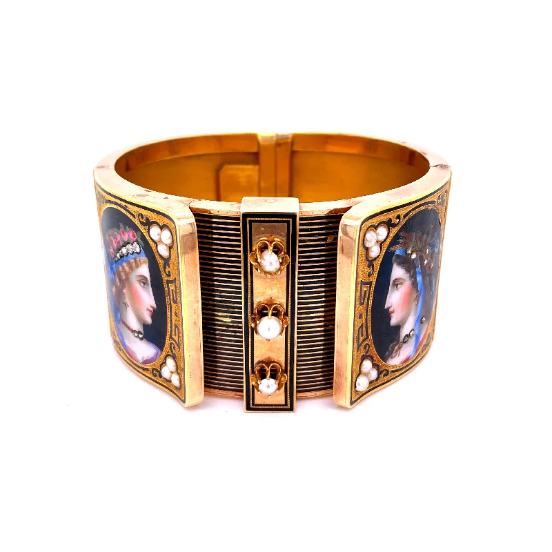 Custom Silver Bangles with Unique Charms-19th Century Austrian Enamel Diamonds Pearls Gold Portraits Bangle