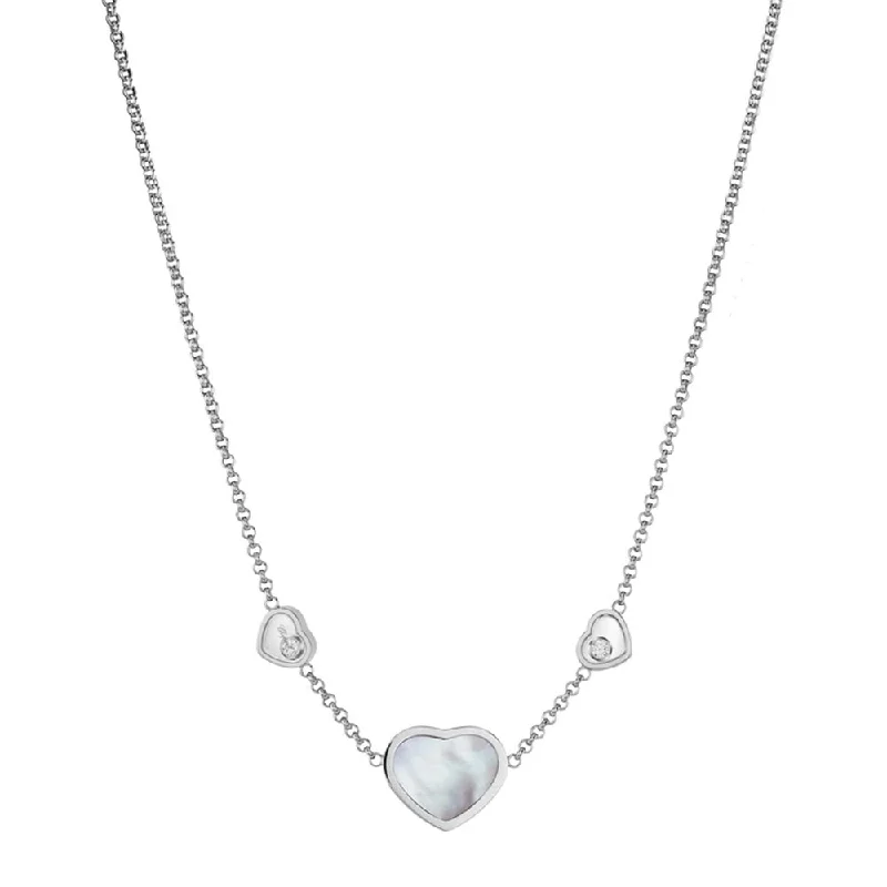 Fine Silver Necklace for Special Events-18ct White Gold Happy Hearts Pendant With Mother of Pearl And Two Floating Diamonds