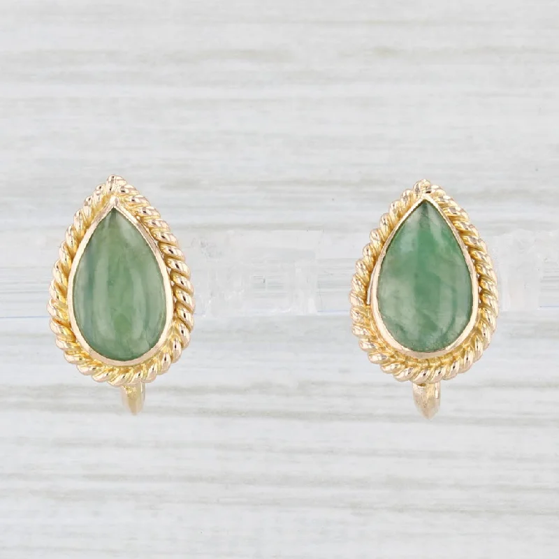 Custom Birthstone Earrings for Gifts-Jadeite Jade Pear Cabochon Earrings 14k Yellow Gold Screw Back Non Pierced