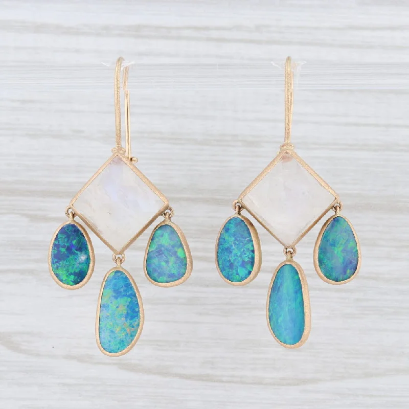 Elegant Vintage Earrings for Women-New Nina Nguyen Aztec Moonstone Opal Drop Earrings 14k Yellow Gold Hook Posts