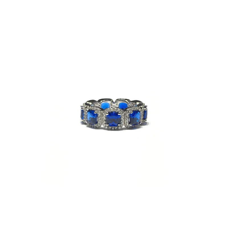 Vintage-inspired Gemstone Ring for Women-Blue Cushion-Cut CZ Eternity Halo Ring (Silver)