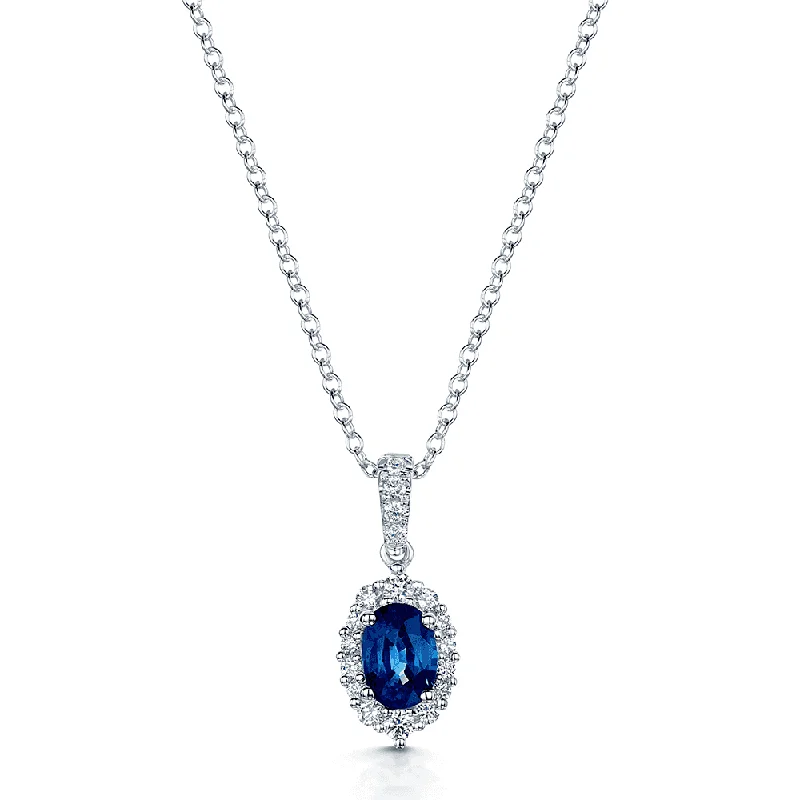 Bold Gold Necklace for Evening Wear-18ct White Gold Oval Sapphire And Diamond Halo Pendant With Diamond Bale