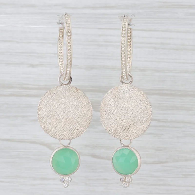 Round Gemstone Earrings for Women-New Nina Nguyen Hoop Charms Earrings Green Chrysoprase Moonstone Sterling Silver