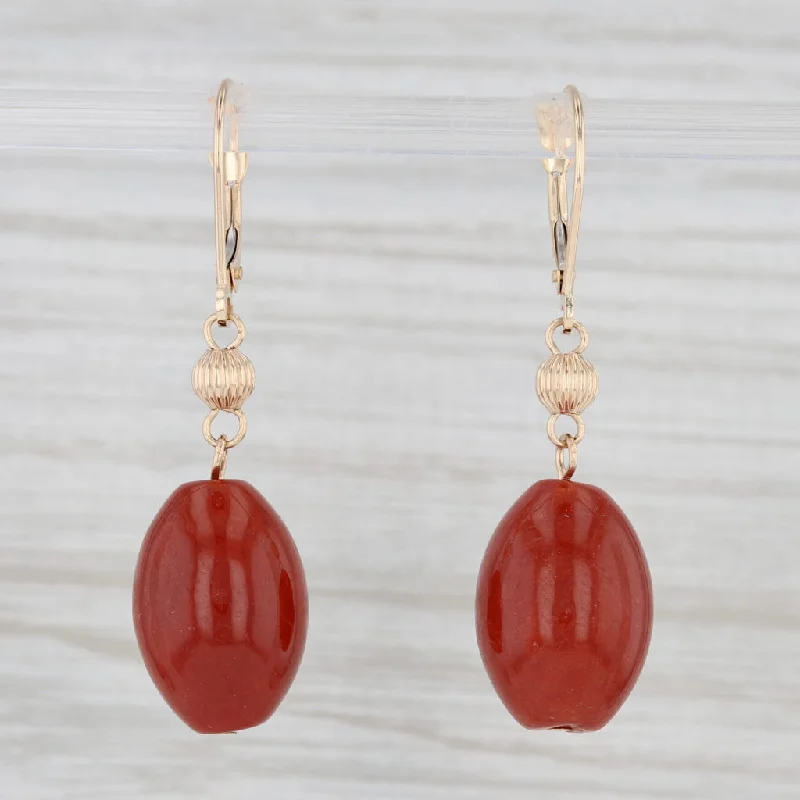 Cute Sterling Silver Earrings for Teens-Red Jadeite Jade Dangle Earrings 14k Yellow Gold Bead Drops