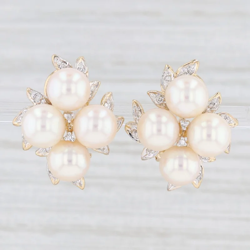 Large Diamond Earrings for Weddings-Floral Cultured Pearl Cluster Diamond Earrings 14k Yellow Gold