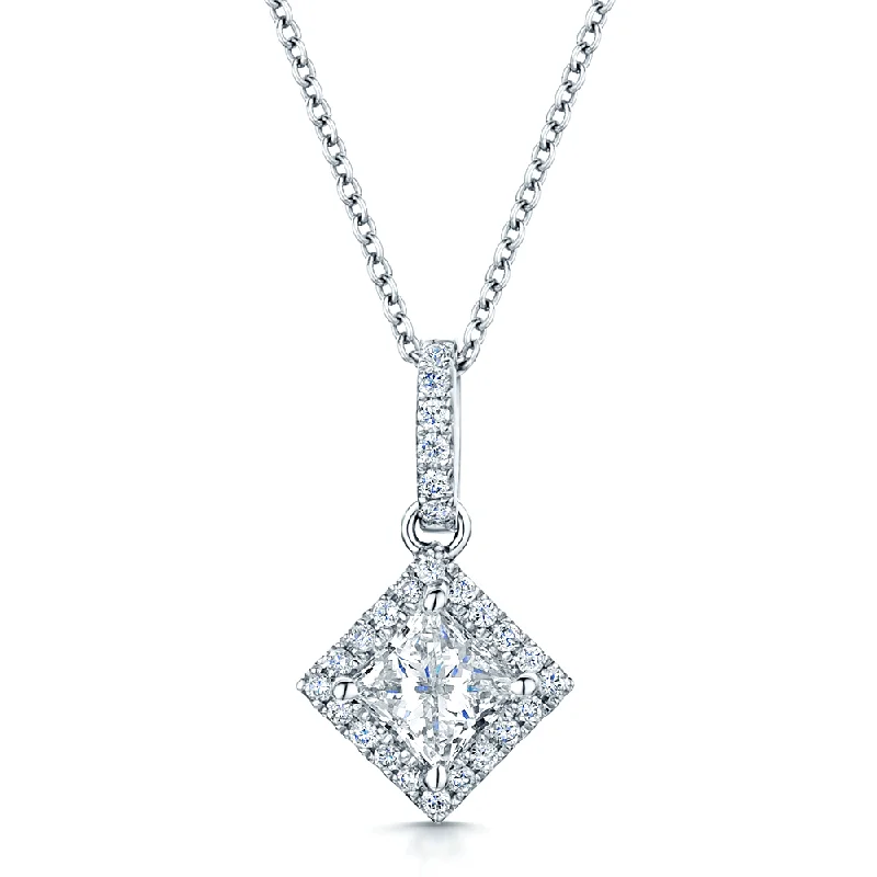 Unique Gold Pendant Necklace for Women-18ct White Gold Offset Princess Cut Diamond Pendant