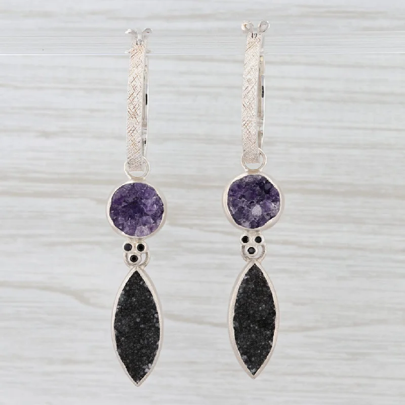 Elegant Gold Earrings for Special Events-New Nina Nguyen Hoop Earrings Sterling Silver Amethyst Black Druzy Spinel Charms